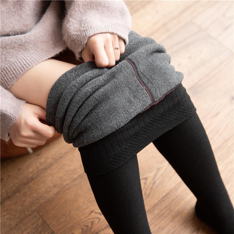 Women's High Waist Ribbed Cotton Vertical Striped Fleece Lined Thickened Outer Wearable Base Layer Leggings One Piece Pantyhose Warm Pants