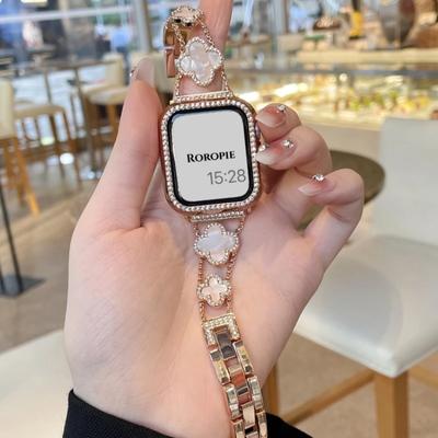 Watchband Metal Strap+Case Women Diamond Bracelet Four-leaf Clover for Apple Watch Band Ultra2 49 44 45 42 40 38mm Series 9 8 7 SE 6 5 4 3