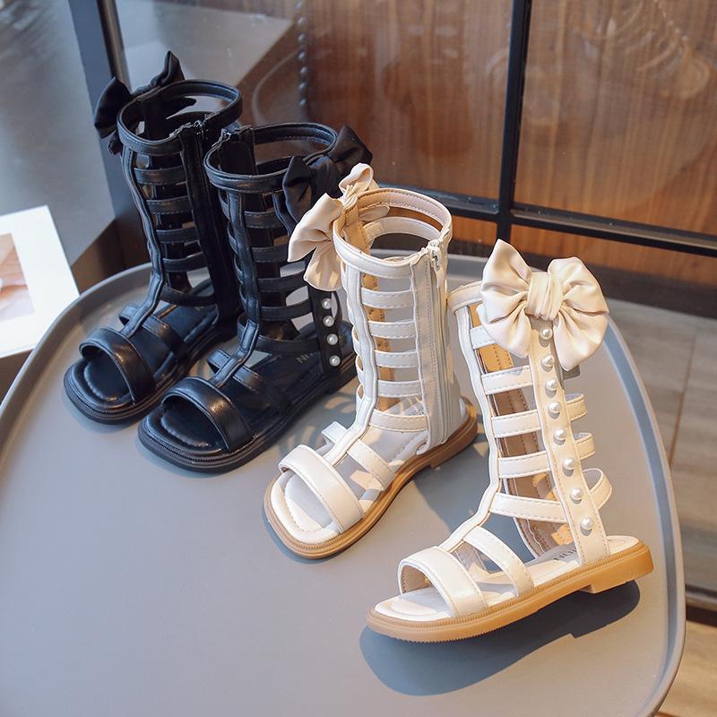 Sandales Romaines d'Été Montantes pour Filles, Enfants Moyens et Grands, Couleur Unie, Fermeture Éclair Latérale, Chaussures de Princesse