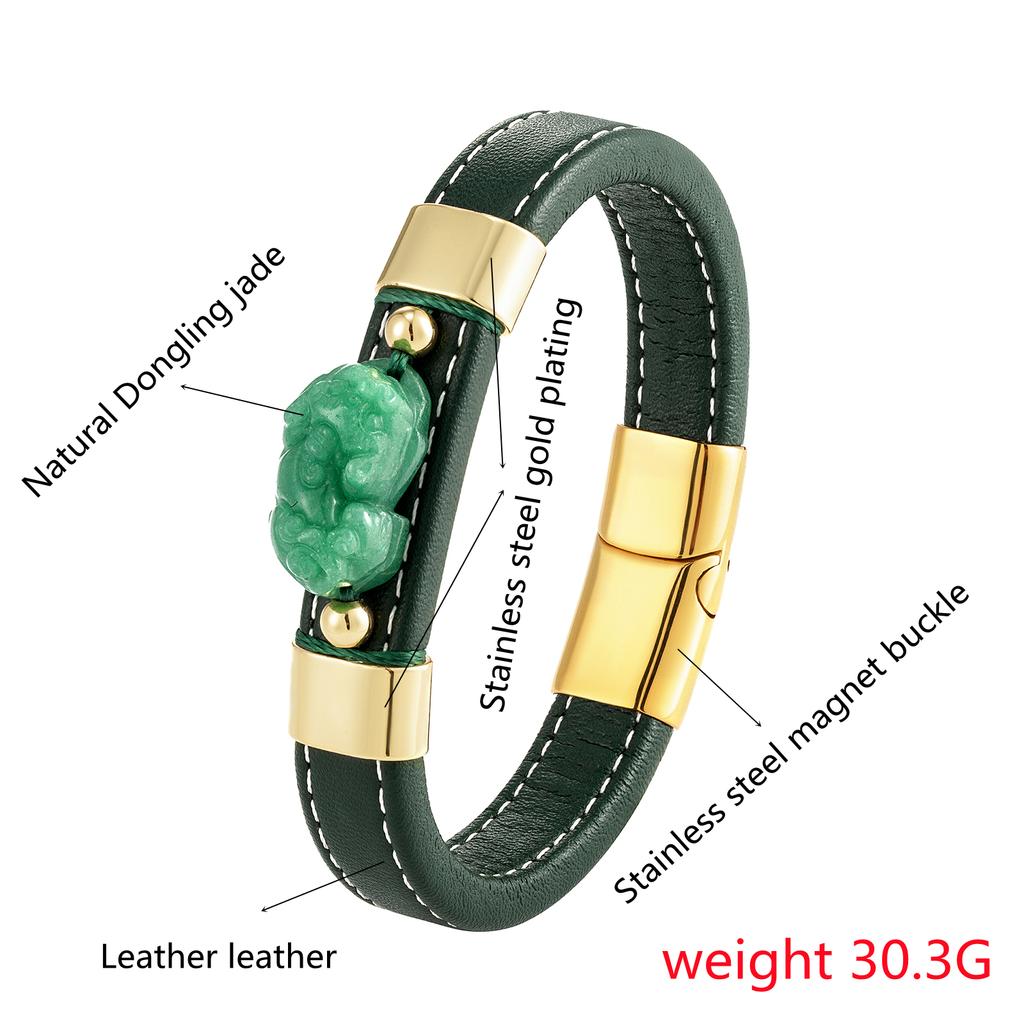 Neu Natürliche Dongling Jade Pixiu Schmuck Glück Armband Männer Charme 316l Edelstahl Lederband Armband Geschenk