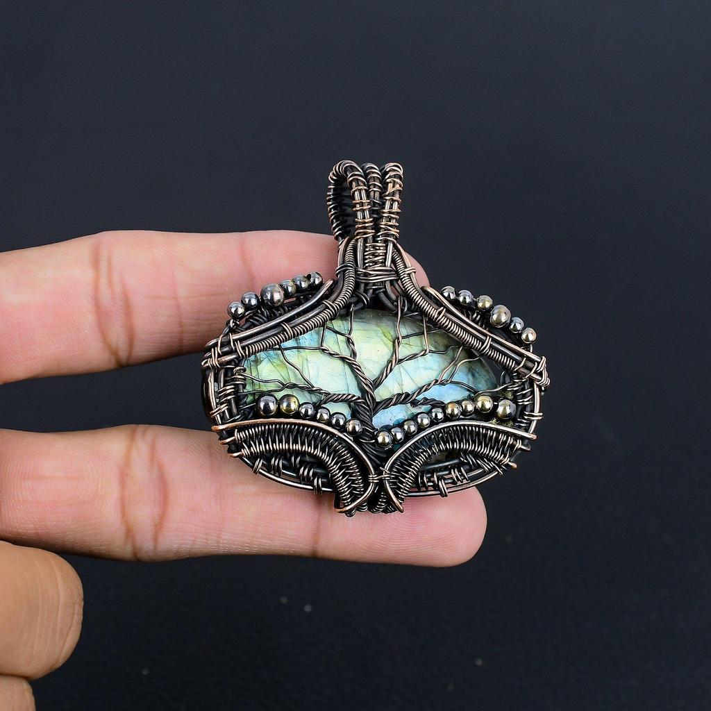 Labradorite Pendant, Handmade Gemstone 999 Copper Wire Wrapped Pendant Antique Jewelry, For Gift Silver Jewelry