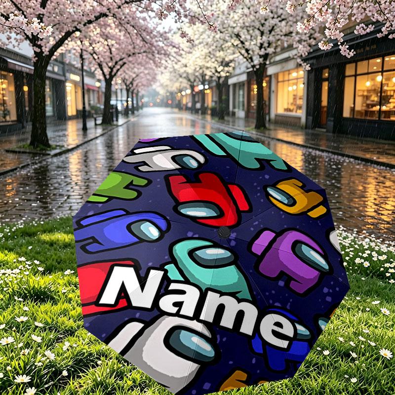 Custom Name Personalized Among Us Print Umbrella, Auto Open Close, 8‑Rib Sturdy Frame, Commute Camping Hiking Use, Birthday Gift