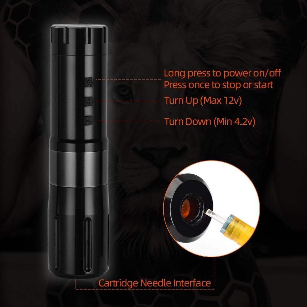 Rotary Tattoo Machine Rechargeable Wireless Tattoo Cartridge Pen for Liner Shader Aluminum Alloy Frame 9000-10000 RPM LCD Display