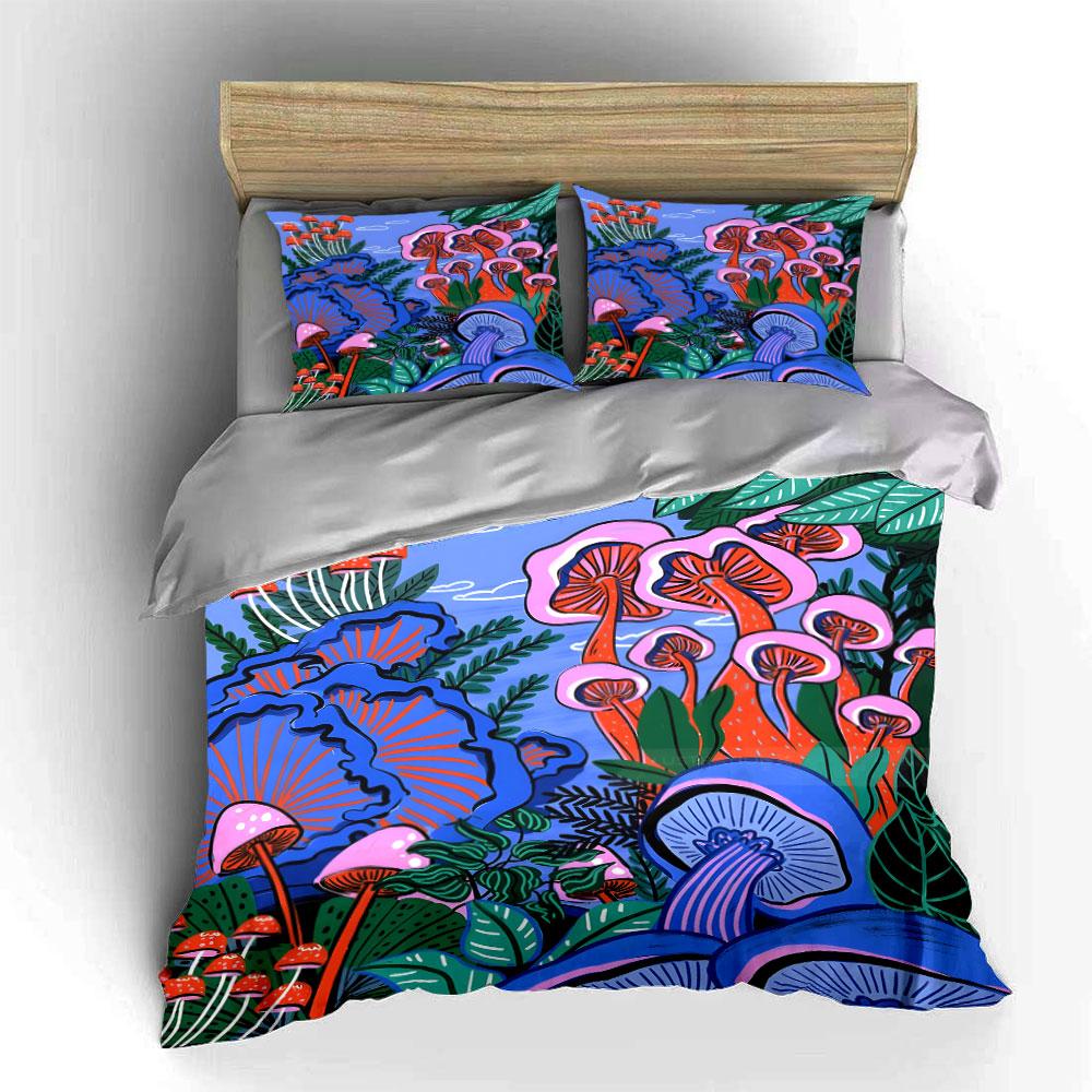 Vibrant Mushroom Forest Illustration Print Bedding Set 1 Duvet Cover 2 Pillowcases for Adult and Children Luxury Gift Full Size