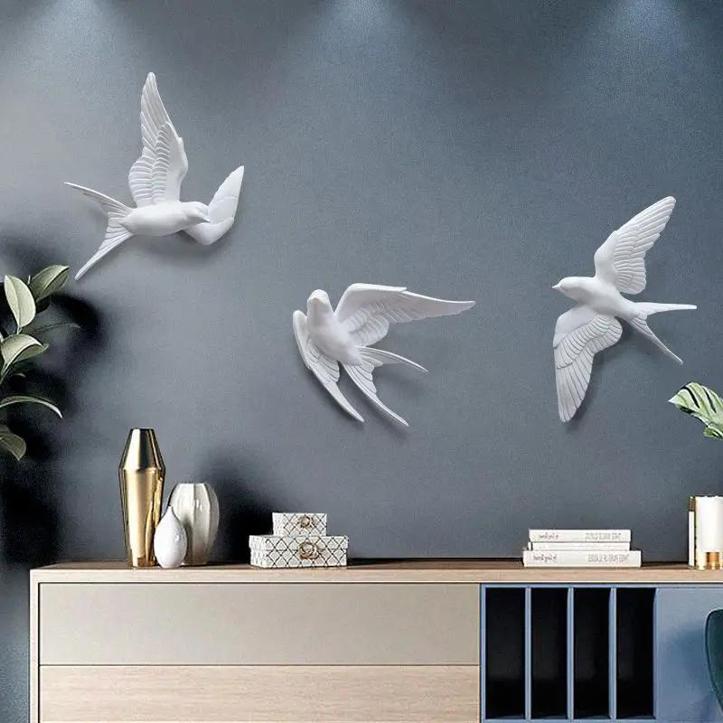 European White Three-dimensional Bird Wall Decoration Living Room Swallow Wall Hanging Abstract Animal Ornaments Home Decoration