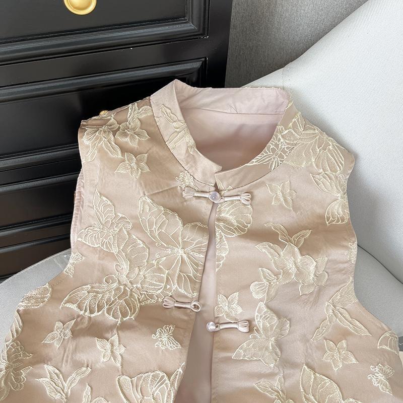 Temperament high-end vest butterfly wind early spring women's embroidery stand-up collar jacquard disc buckle sleeveless