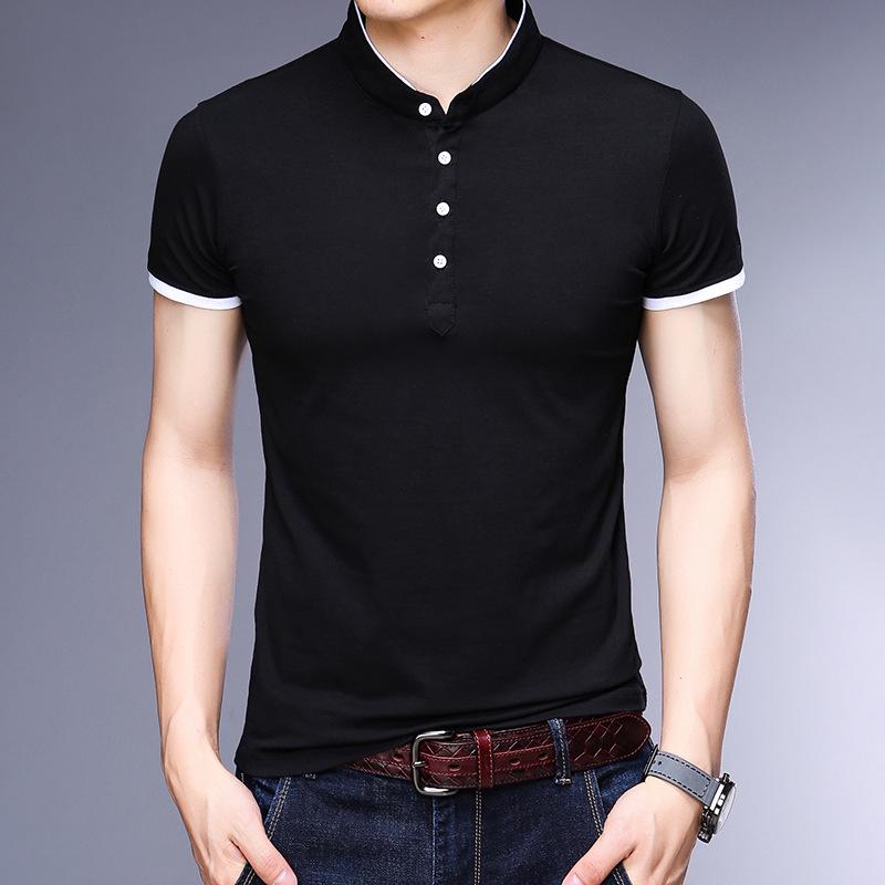 2025 Men's Slim-Fit Stand-Up Collar T-Shirt: Casual, Solid Color, Short-Sleeve, Versatile Cotton for Summer