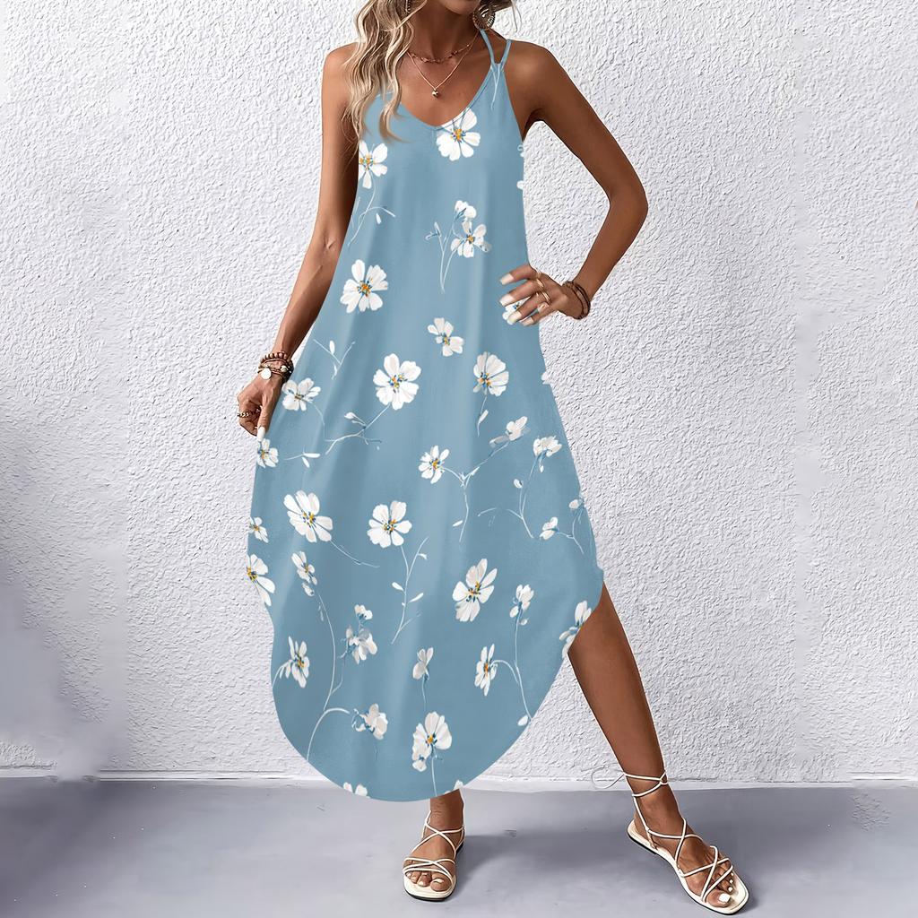 Women V Neck Sleeveless Floral Print Maxi Dress with Pockets Casual Loose Fit Summer Beach Sundress