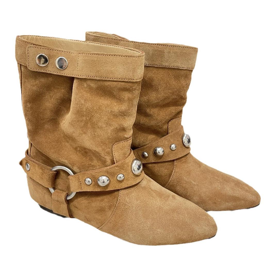 Leather Suede Niche Rivets Thick Heel Flat Bottom Pointed Western Cowboy Boots Short Boots Women's Autumn and Winter New Martin Boots