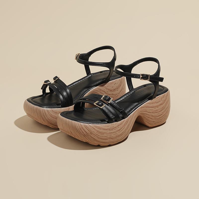 Thick-soled Slope Heel 7CM Sandals for Women with Open-toed Muffin Heel, Light and Not Tired Feet, Retro Roman Heightening Shoes for Women