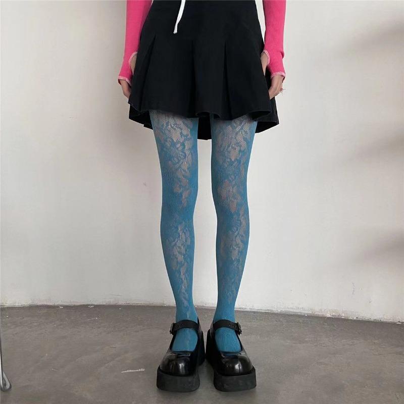 Damen Sexy Blumenstickerei Netz Aushöhlen Seidenstrümpfe JK Fischernetz Strumpfhose Coole Mädchen Farbige Hipster Harajuku Strumpfhose