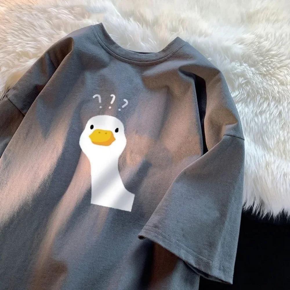 

Cartoon Duck Print with Question Mark Summer Women Short Sleeved T-Shirt Women S Versatile Retro Top Women Clothes XS