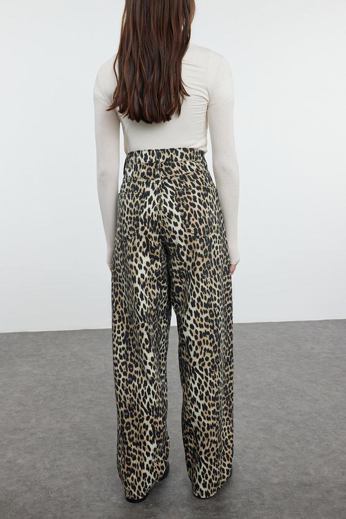Women's Fashion Brown Leopard Patterned High Waist Wide Leg Jeans