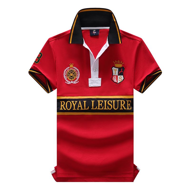 Men's Short-Sleeved Polo - Royal Leisure Sports, Embroidered, Pure Cotton, European Size, Contrast Color Stitching