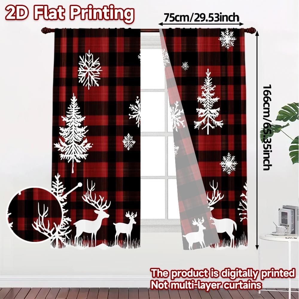 2pcs,Curtains Buffalo Plaid Deer Snowflakes Popular Fashionable Curtains Durable 100% Polyester Fabric Curtains Versatile All