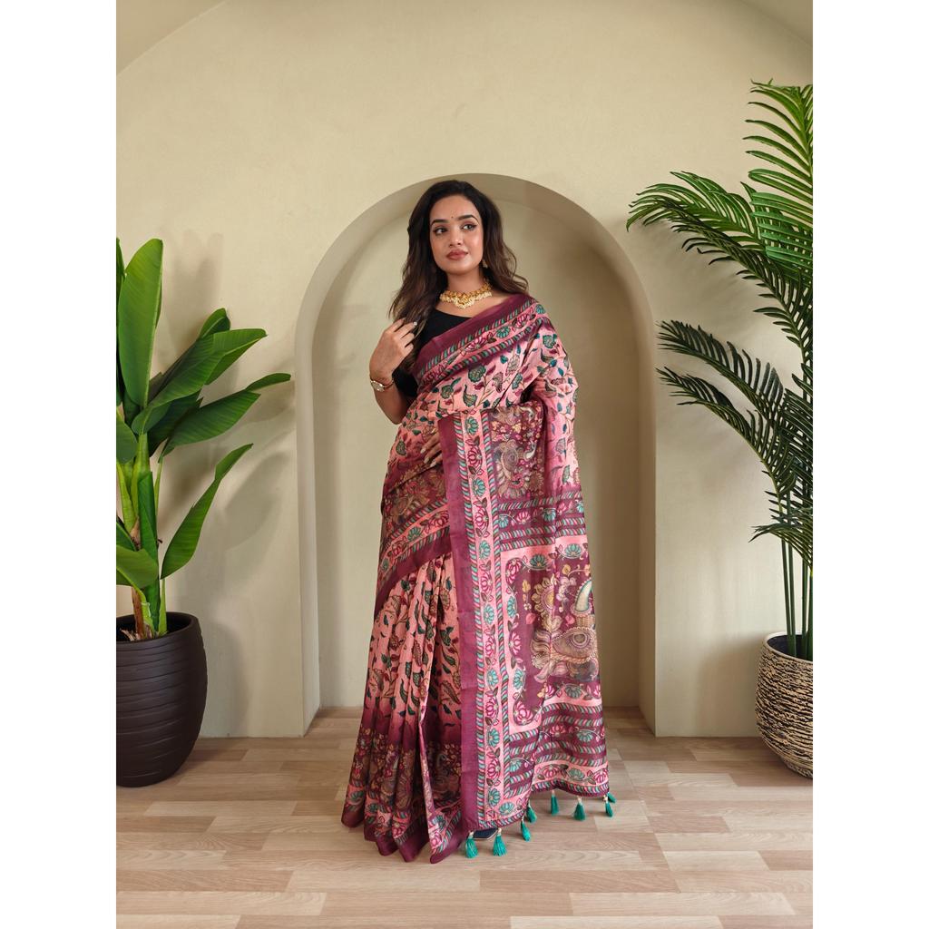 Pure Malai Cotton Saree with Big Border Digital Print Concept with Elegant Kalamkari Patterns with Contrast  Big Pallu with Tassels Attached
