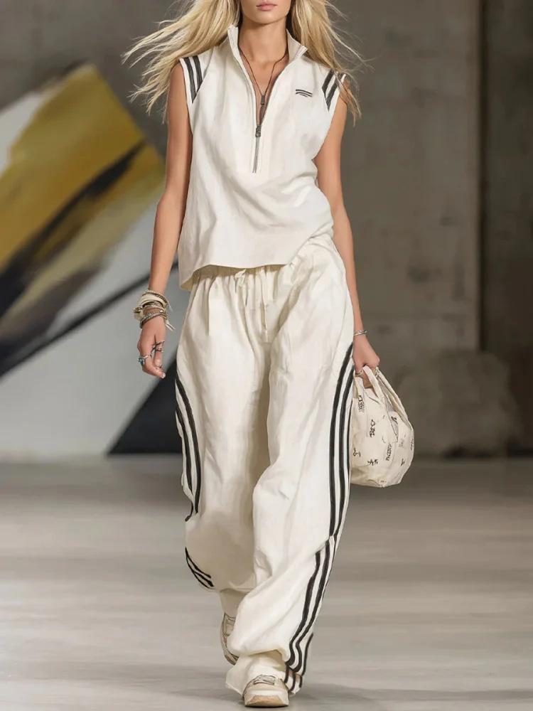 Premium sense of relaxation sports two-piece set, sleeveless vest + striped wide-leg pants, cross-border explosion casual and lazy S белый