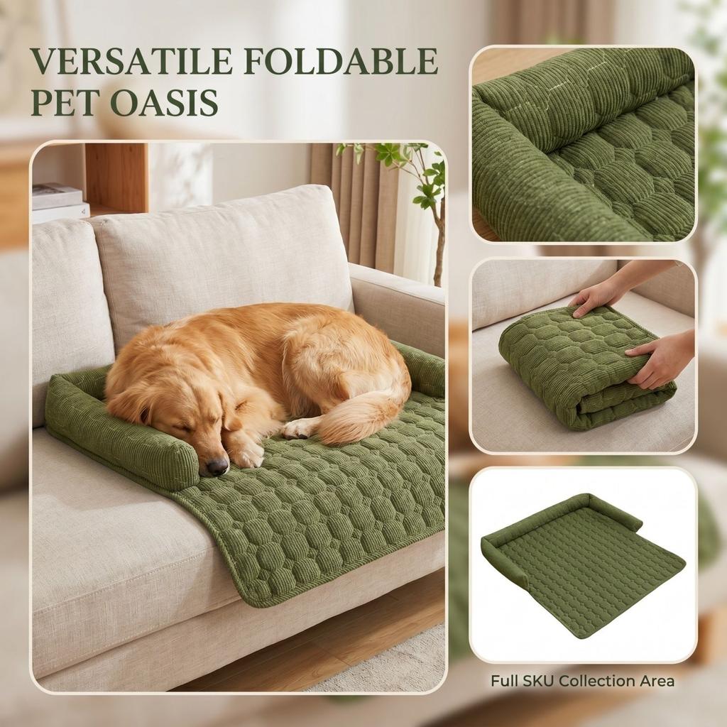 Pet Sofa Cushion with Bolster for Dogs Cats - All Cozy Pet Bed, Embroidery Plaid Design