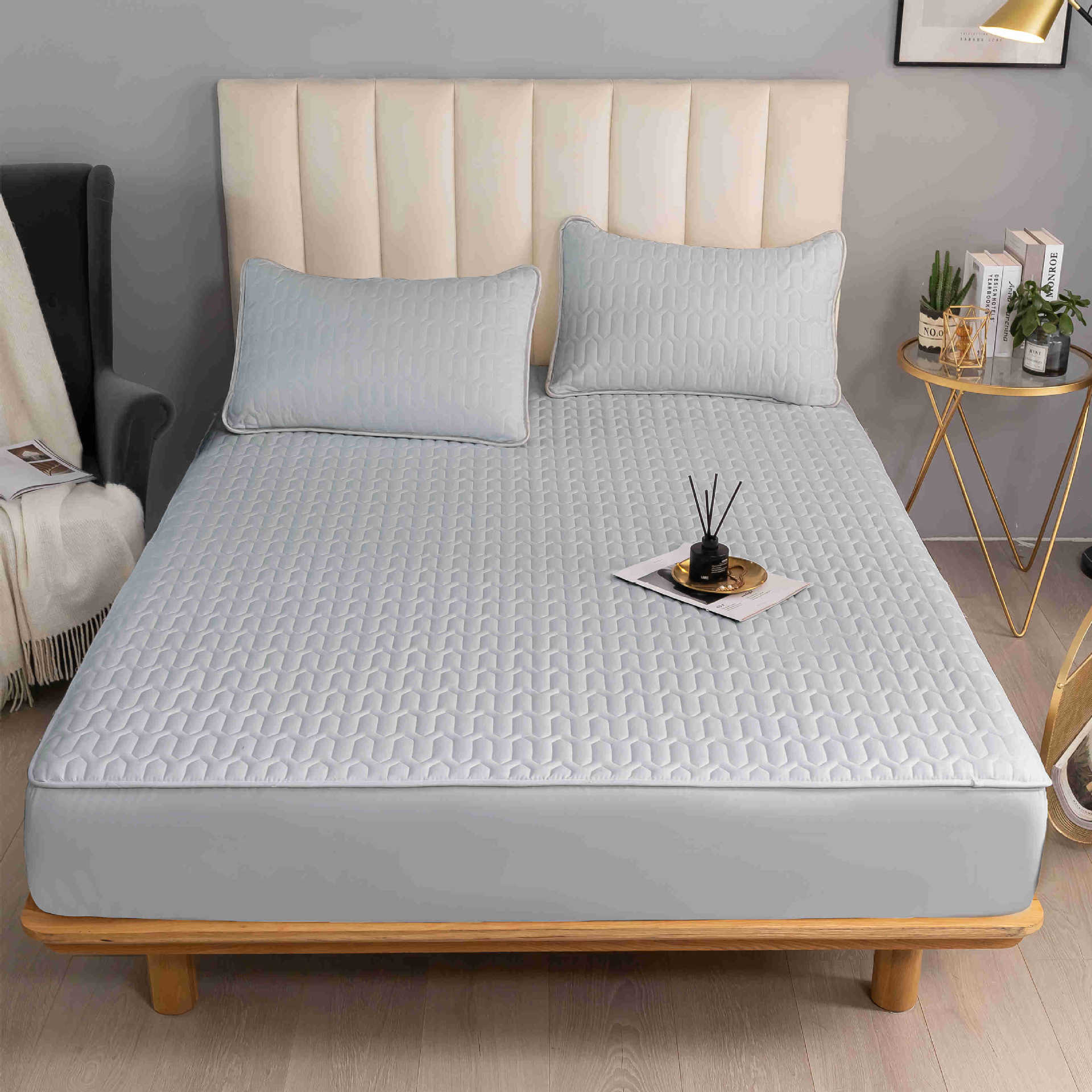 Хлопковый стеганый наматрасник цельный покрывало пылезащитный чехол новый протектор матраса всесезонный противоскользящий комплект простыней 90x200cm - single bed hat