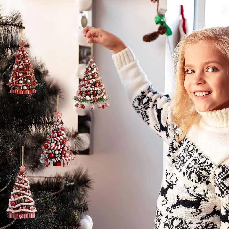 Christmas Tree Pendant Flat Hanging Ornaments Acrylic Gifts Pendant DIY Glitter Colorful Decorations Xmas Indoor Party Decor