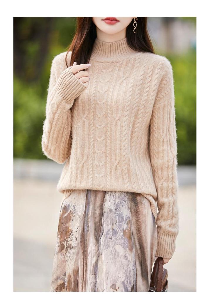 Autumn 100% Pure Wool Cable Knit Half-High Neck Sweater - Solid Color, Loose Fit