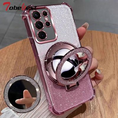 Shockproof Plating Case For Samsung Galaxy S25 S24 S23 S22 S21 S20 FE Ultra Plus 5G Mirror Magnetic Holder Cover