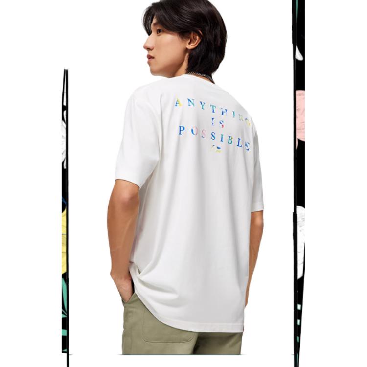 Li-Ning Honor Flower Theme Pattern Printed Round Neck Short Sleeve T-Shirt Unisex Tops Off-White AHST449-6