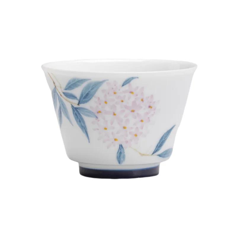 White porcelain hand-painted group flower master cup Kung Fu tea set household pastel hydrangea tea cup tea cup