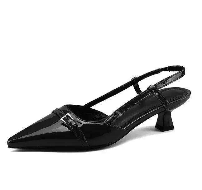 2024 Nye Sommersko for Kvinner Lakkskinn Slip-on Spiss Tå Sandaler Spenne Slingbacks Middels Hæler Pumps Sandalias Mujer