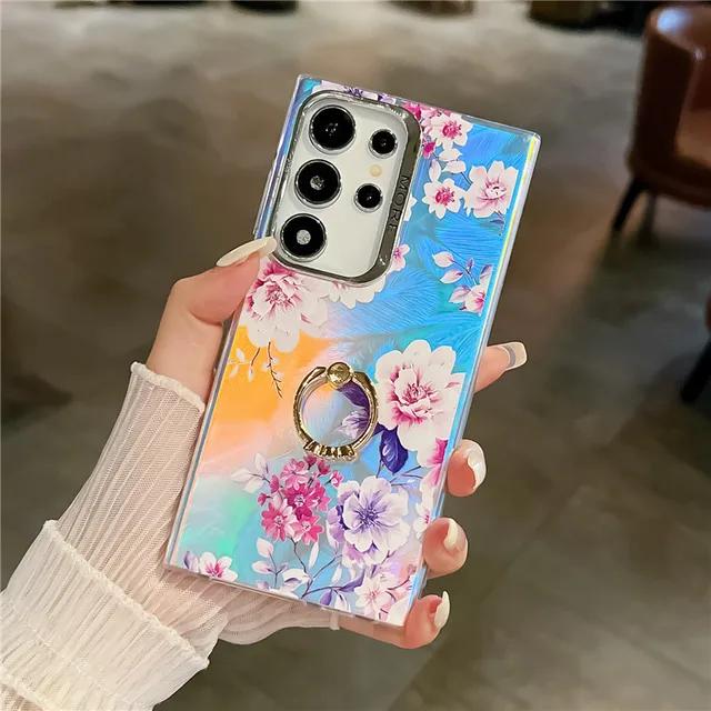 Diamond Ring Phone Holder Raser Case for Samsung A25 A54 A55 A15 A35 A14 A34 S24 Plus S22 Ultra S23 FE Flower Leaf Bling Cover