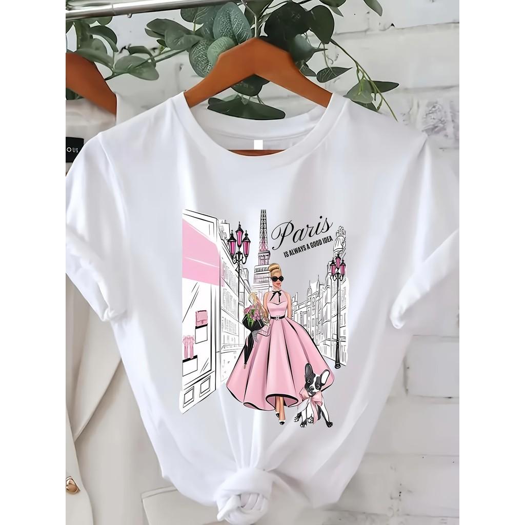

1 Christmas Cartoon Crew Neck T-Shirt, 100% Cotton, Geometric, Casual, All Seasons, Regular Length XXL білий