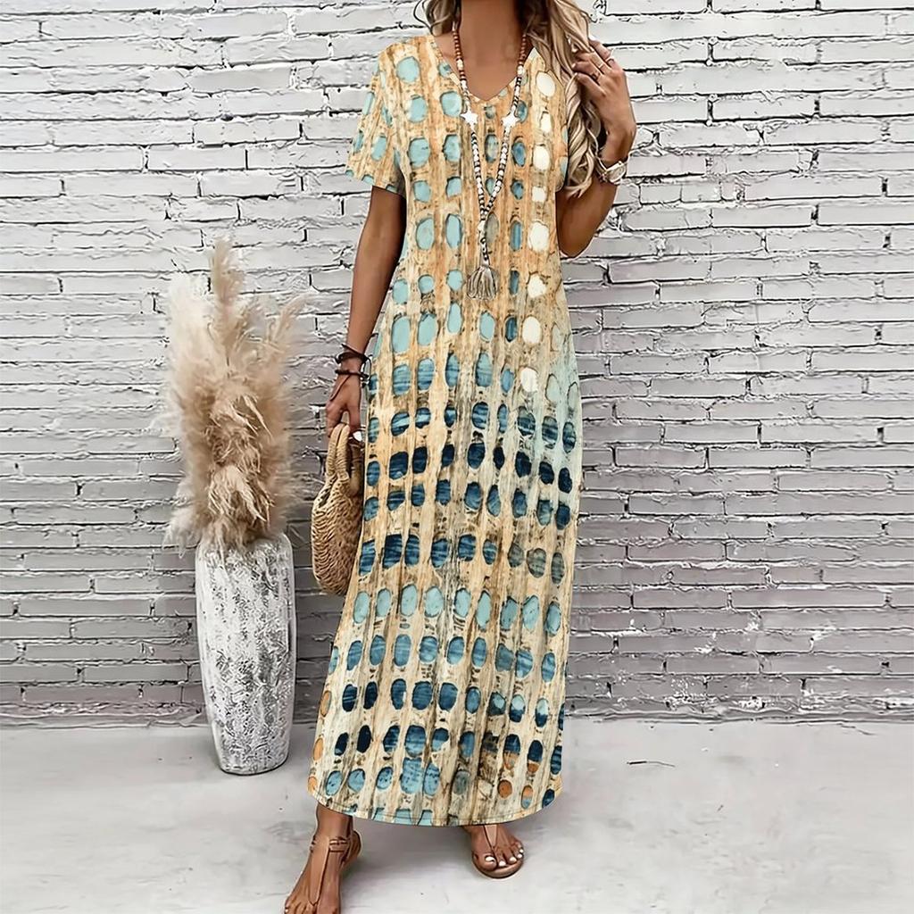 Women Plus Size V Neck Short Sleeve Geometric Printed Straight Long Dress