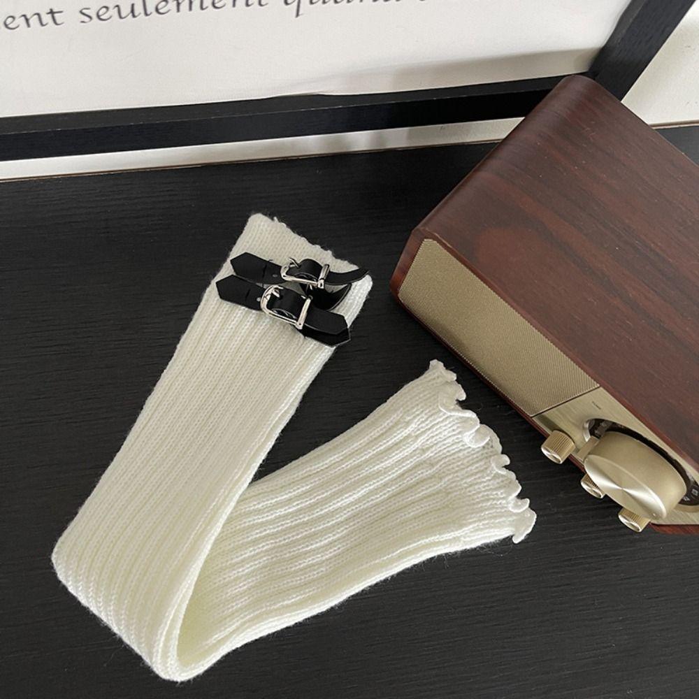 

PU Buckle Knitted Leg Warmers Solid Color Foot Cover Women Y2K Fashion Ruffle Socks Streetwear