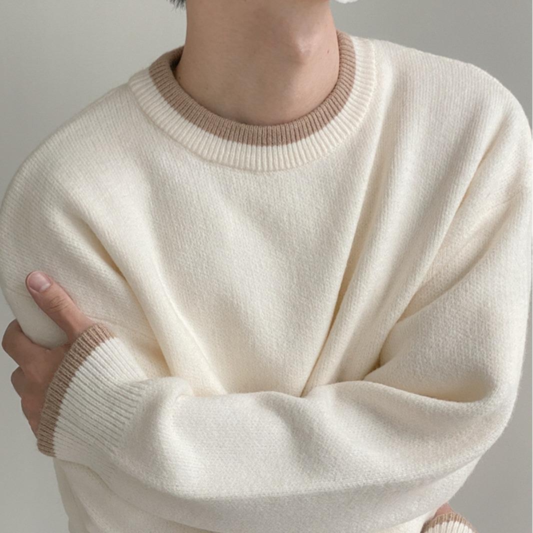 

Men s Trendy Knit Sweater, Round Neck, Contrast Collar, Warm, Loose Fit, Autumn/Winter Korean Style XL чорний