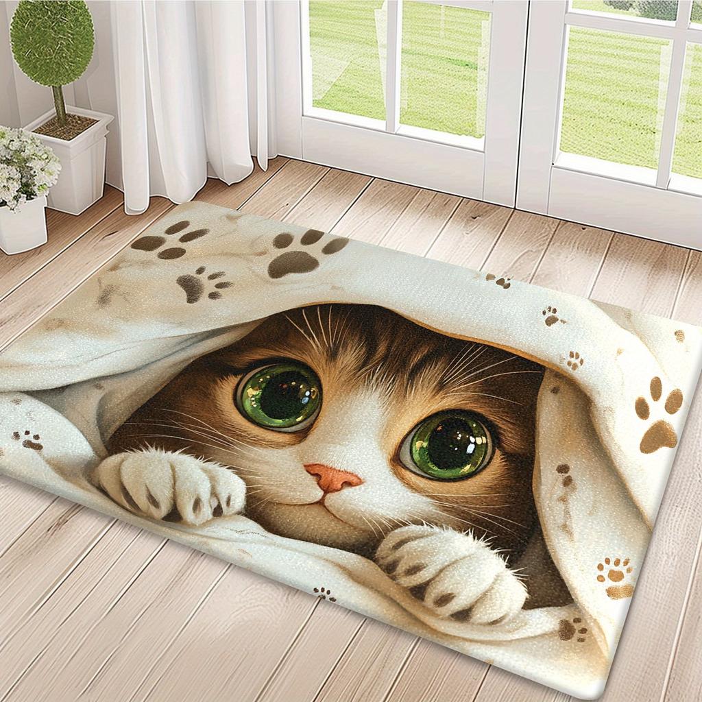 1Pcs  Cute Cat Design Pattern Floor Mat Modern Kitchen Polyester Rug Non-Slip Colorful Indoor Carpet, For Home Bathroom Bedroom Living Room Decor