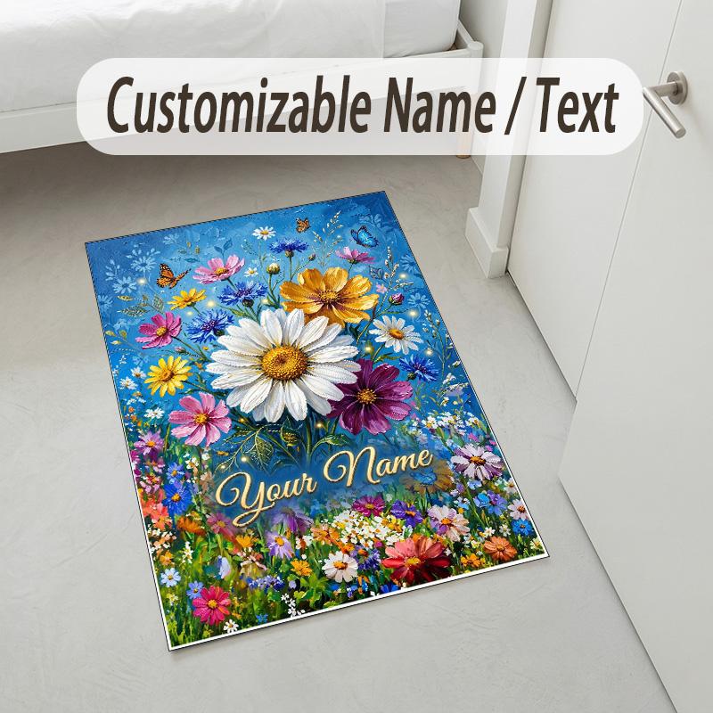 Floral Garden Art Theme Soft Crystal Velvet Rug Custom Name & Text Print Non Slip Floor Rug for Bedroom Living Room