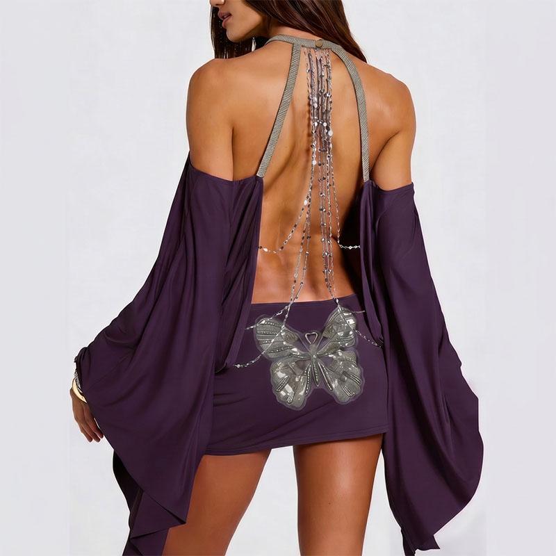 Sexy rückenfreies Neckholder-Minikleid mit Fledermausärmeln für Damen, Gold, Schmetterling, Paillettenkette, offener Rücken, figurbetont, Party, Club, Nachtkleid M violett