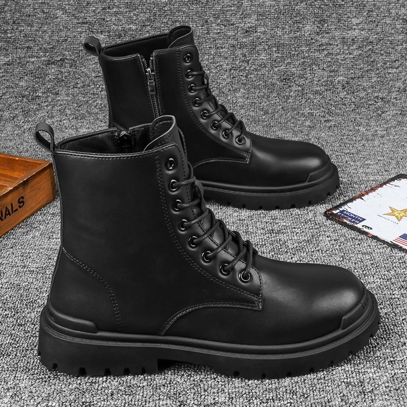 Leather Black Men's Biker Boot Fashion YoungWaterproof Trendy Boots Man Autumn Winter High Top ClassicBasic Shoe