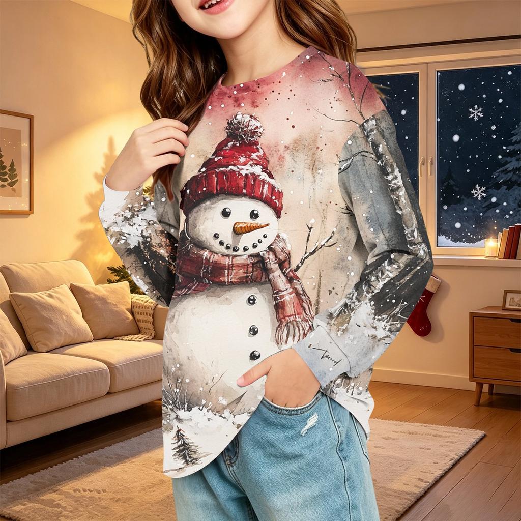Kids Fashion Christmas Long Sleeve Neck Top with Pocket, Holiday Print Shirt for Boys and Girls