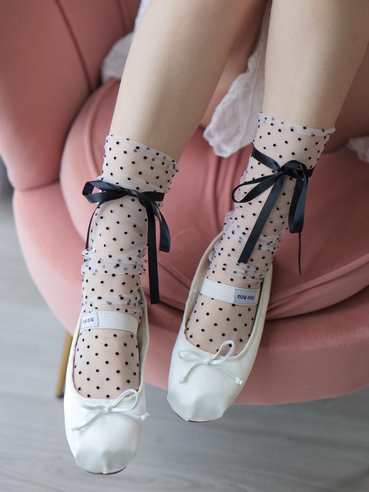 Women Summer Ultra Thin Sexy Black Ribbon Bowknot Polka Dots Enchanting Stacked Socks Sweet Sheer Tulle Jk Cute Mid Tube Socks