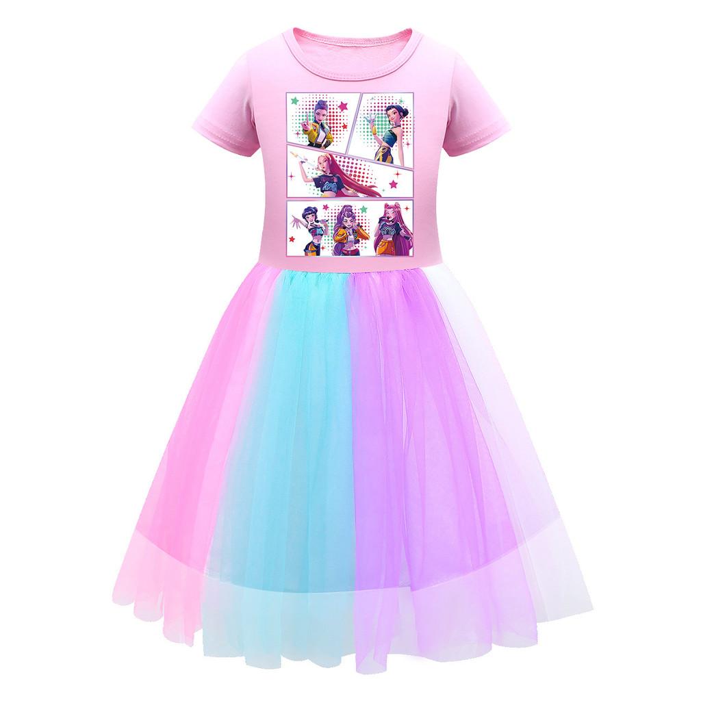 Kids Girls K-POP Rumi Zoey Mira Print Mesh Rainbow Round Neck Short Sleeves Casual Cotton Dress
