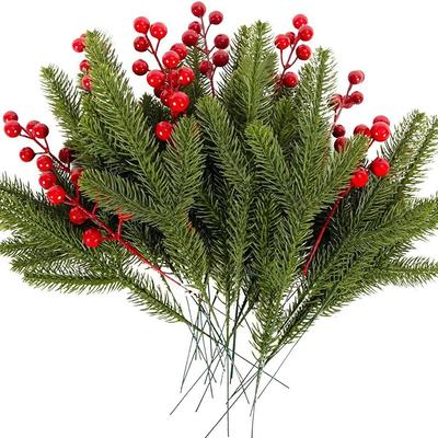 10 db Műfenyő Ág Karácsonyi Magyal Piros Bogyós Szárak Karácsonyfa DIY Koszorú Díszek Karácsonyi Lakásdekoráció