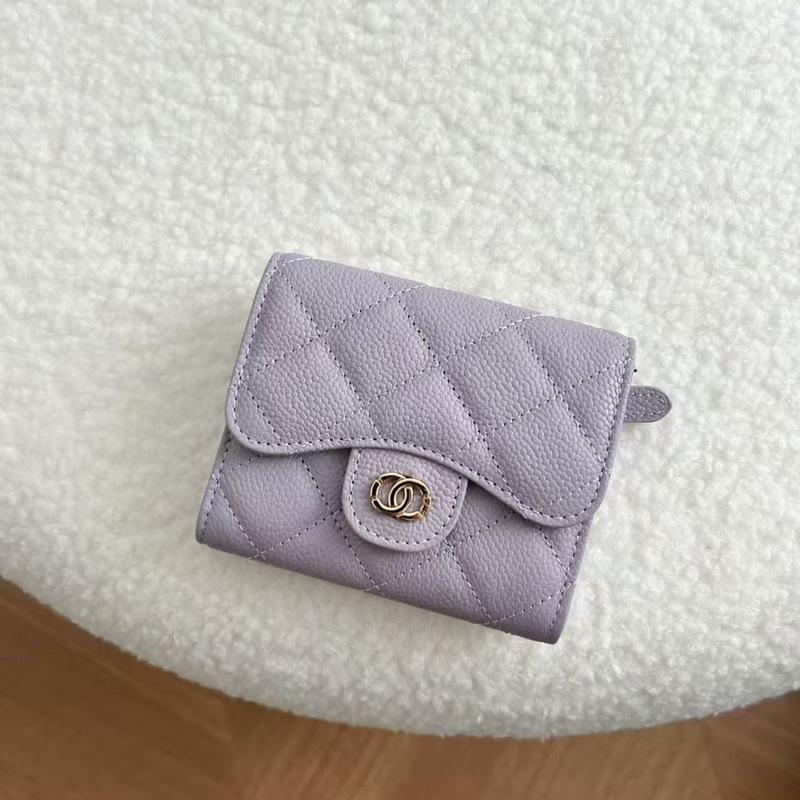 2026 New Caviar Patterned Cowhide Long Three Fold Wallet Hand-held Bag Chain Strap Crossbody Genuine Leather Women's