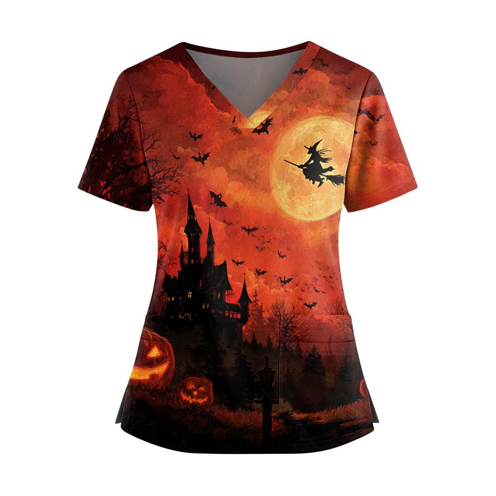 Haut d'uniforme d'infirmière à manches courtes et col en V avec imprimé Halloween, double poche et fentes latérales pour les professionnels de la santé