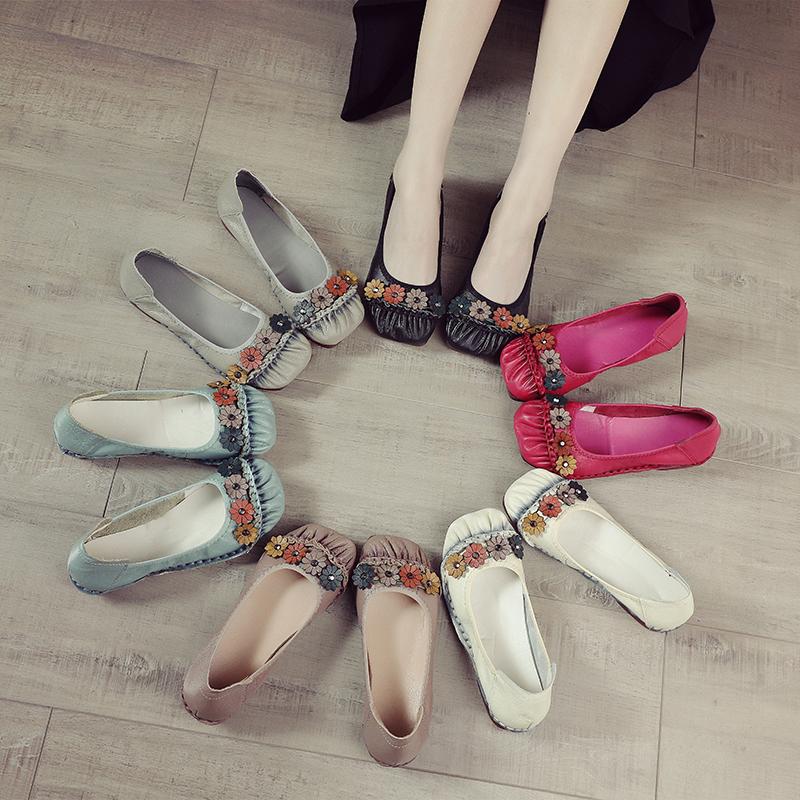 Fashion New handmade winkles ballet flats women's autumn shallow shoes woman flower square toe driving flats daily long standing shoes