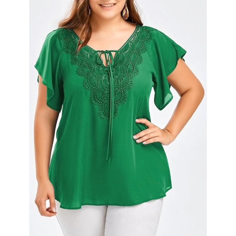 Lace V Neck Loose Women Blouse Large Size Lace-up Short Sleeve Shirts Ladies Solid Color Loose Sweet Office Elegant Fashion Simple Clothing
