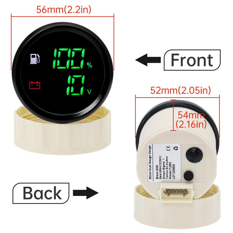 52MM 2 IN 1 Dual Digital Gauge Fuel Level Gauge Voltmeter With Warning Light Fuel Level Sensor For Marine Boat Car Truck