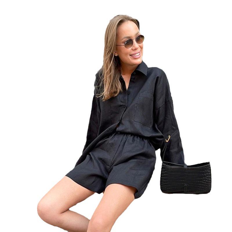 2025 Französische Lässige Damen Baumwollhemdjacke mit Shorts mit elastischer Taille