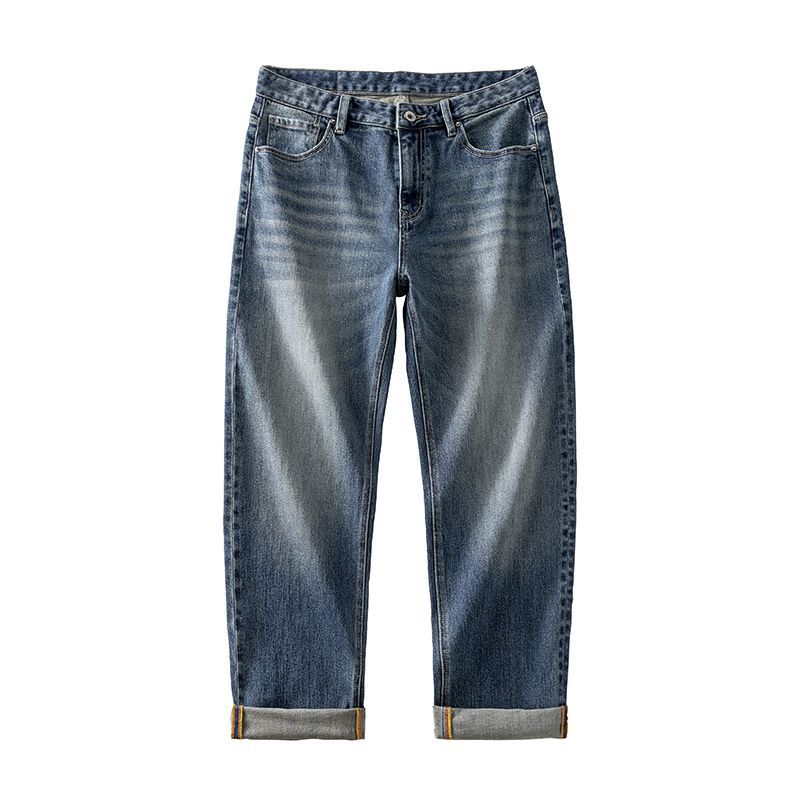Autumn and winter new high-end European, American and Japanese loose large-size straight cotton elastic denim trousers men's trendy MEN