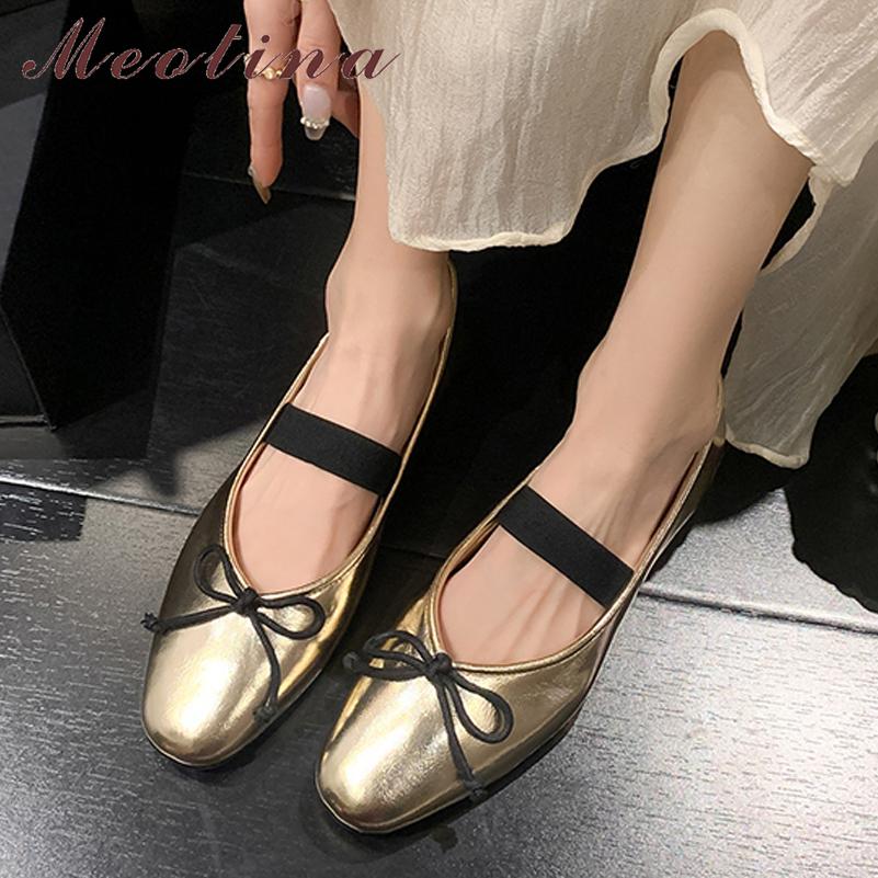 

Meotina, женская модная повседневная обувь из натуральной кожи с круглым носком на плоской подошве с бантом, женская модная повседневная обувь из овчины, осень-весна, цвета: золотистый, серебристый